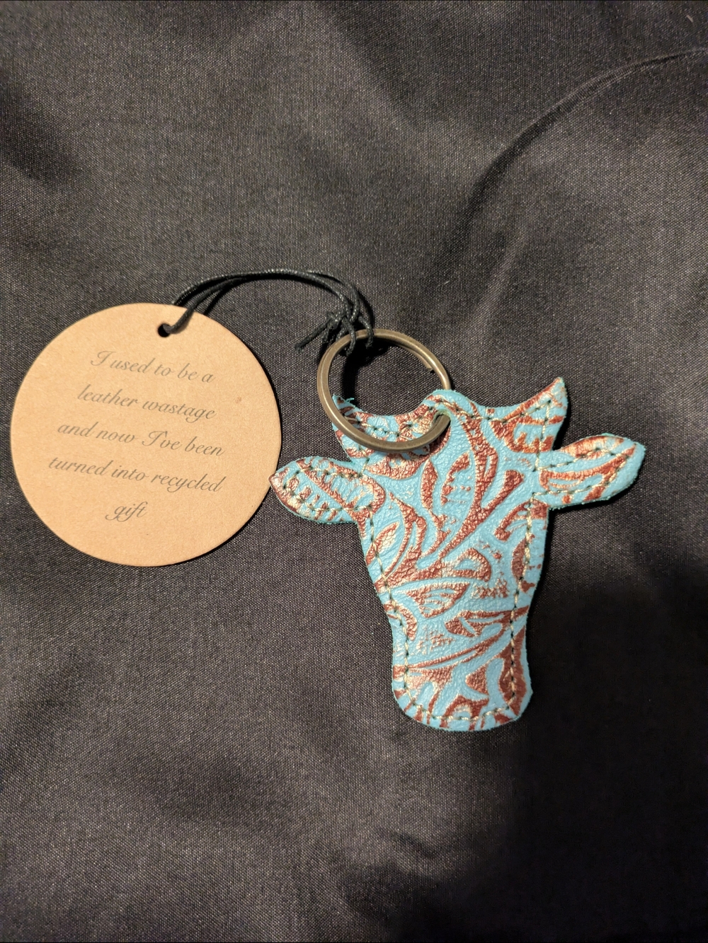 Turquoise Paisley Cow Head Keychain – Recycled Leather Accent